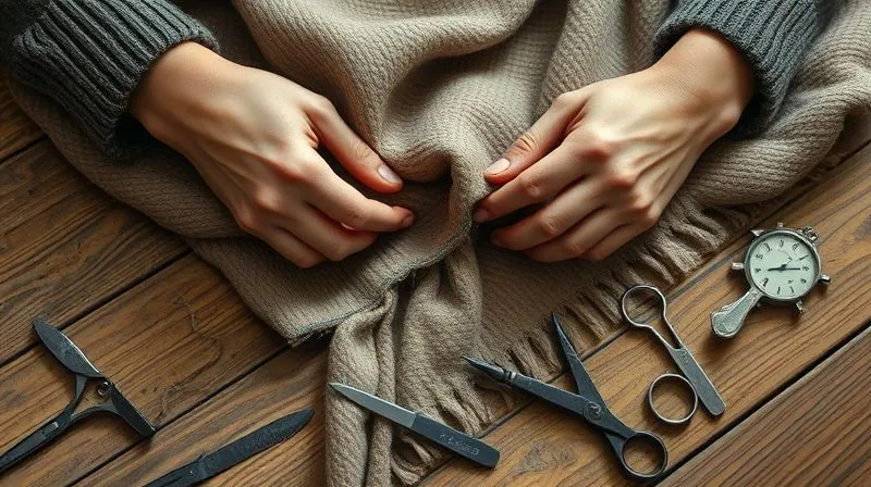 photorealistic, professional photography, 8K, cinematic lighting, sharp focus, depth of field, shot on a high-end DSLR, a skilled costume designer's hands carefully unpicking the seams of an old, richly textured wool blanket, revealing the fabric underneath. Vintage sewing tools are scattered around on a well-worn wooden table, with soft, focused light on the hands and fabric.