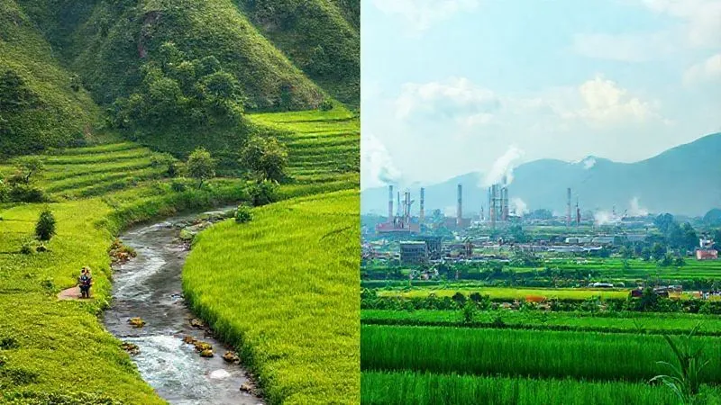 A split image showing on one side, a lush, vibrant green landscape with clean rivers and happy, healthy workers, representing genuine sustainable practices. On the other side, a faded, slightly polluted landscape with obscured, ambiguous factory scenes, representing greenwashing. Photorealistic, professional photography, 8K, cinematic lighting, sharp focus, depth of field, shot on a high-end DSLR.