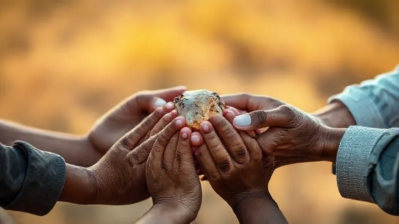 A diverse group of hands, representing different cultures and generations, gently holding a single, unpolished rare gemstone or a piece of raw, sustainably harvested wood. The hands are intertwined, symbolizing collaboration and respect. The background shows a blurry, warm-toned natural landscape. Photorealistic, professional photography, 8K, cinematic lighting, sharp focus, depth of field.