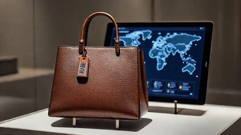 A beautifully designed, bespoke luxury handbag resting on a minimalist display stand. A small, elegant tag hangs from the handle, featuring a subtle QR code. In the background, a digital interface on a tablet shows an interactive map tracing the origin of the bag's materials, with data points and artisan profiles. Photorealistic, professional photography, 8K, cinematic lighting, sharp focus, depth of field.