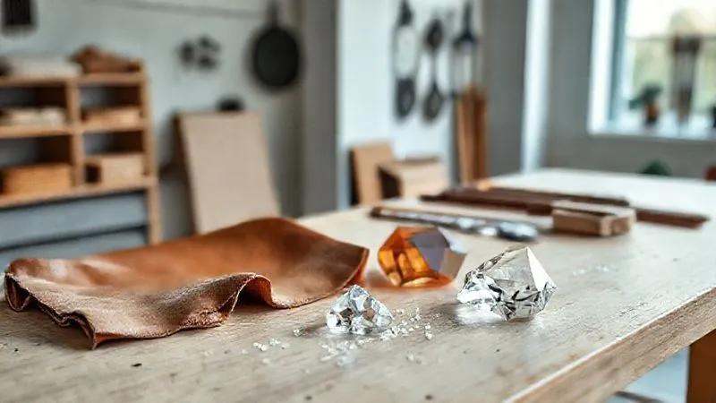 An elegant, minimalist design studio with a workbench displaying various innovative sustainable materials: a swatch of mushroom leather, a polished piece of recycled ocean plastic, and a lab-grown diamond alongside traditional rare materials. The scene conveys innovation and responsibility. Photorealistic, professional photography, 8K, cinematic lighting, sharp focus, depth of field.