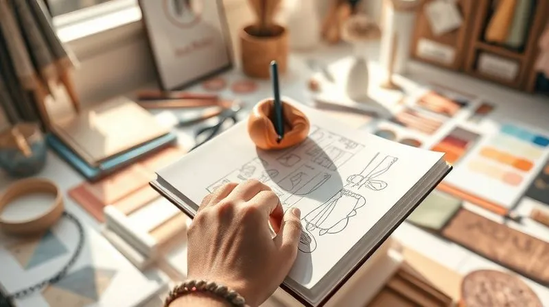A photorealistic image of a designer's hands sketching intricate accessory designs in a notebook, surrounded by mood board elements like fabric swatches, color palettes, and natural textures. The setting is a sunlit, organized studio, with soft, cinematic lighting highlighting the creative process. Sharp focus on the hands and notebook, depth of field blurring the background, 8K hyper-detailed.