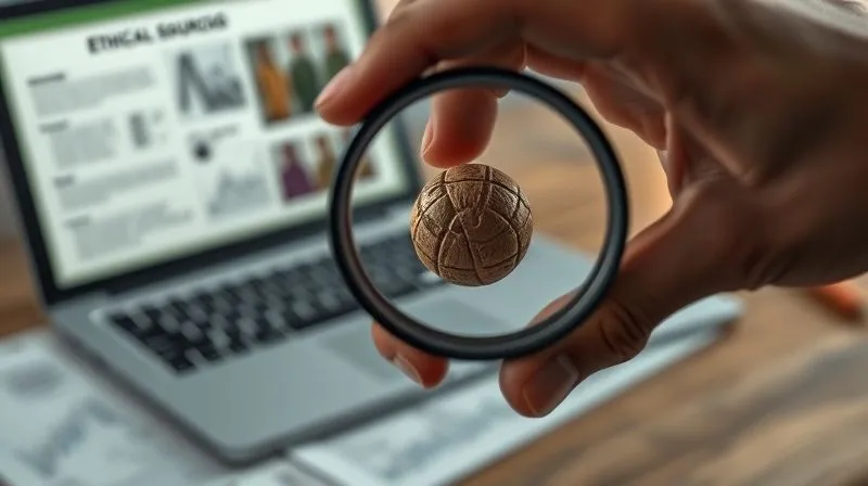 A photorealistic, detailed image of a hand holding a magnifying glass over a small, intricately carved, ethically sourced wooden bead, inspecting its texture and craftsmanship. In the background, blurred documents and a laptop display ethical sourcing reports. Cinematic lighting highlights the bead, sharp focus, depth of field. Professional photography, 8K hyper-detailed.