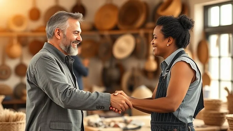 A photorealistic, warm image of a bespoke accessory designer shaking hands with a local artisan, surrounded by their unique, handcrafted materials in a bustling, sunlit workshop. Both are smiling, conveying mutual respect and collaboration. Cinematic lighting, sharp focus on the handshake and faces, depth of field blurring the background. Professional photography, 8K hyper-detailed.