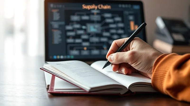 A photorealistic image of a designer's hand making a note in a journal, with a laptop displaying a complex flowchart of a supply chain in the background. The scene is illuminated by soft, focused light, suggesting thoughtful analysis and planning. Sharp focus on the journal, depth of field blurring the screen. Professional photography, 8K hyper-detailed.