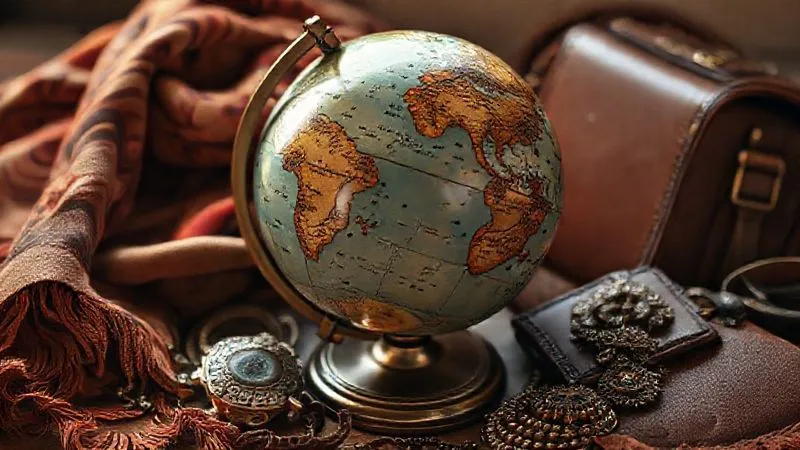 A photorealistic image of a vintage globe surrounded by various luxury fashion accessories from different cultures – a silk scarf, a leather wallet, intricate jewelry – all bathed in warm, soft studio lighting, sharp focus on the globe, depth of field blurring the accessories.