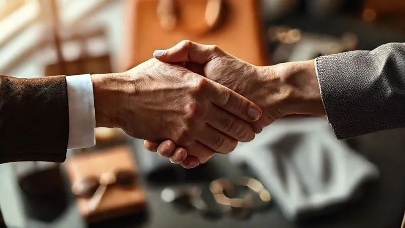 A photorealistic image of two hands gently clasping, symbolizing trust and strong relationships, with a subtle, out-of-focus background of luxury fashion items. The lighting is warm and inviting, highlighting the connection, sharp focus on the hands, depth of field blurring the background, 8K hyper-detailed.