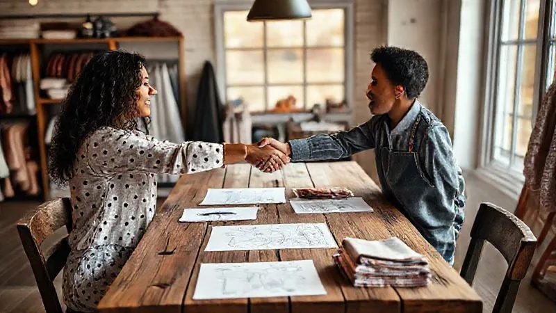 Photorealistic, professional photography, 8K, cinematic lighting, sharp focus, depth of field, shot on a high-end DSLR, two diverse individuals, one a boutique owner and the other a small-batch kids' fashion designer, shaking hands across a rustic wooden table, with sketches and fabric swatches artfully arranged between them, warm, collaborative atmosphere, symbolizing a strong business partnership.