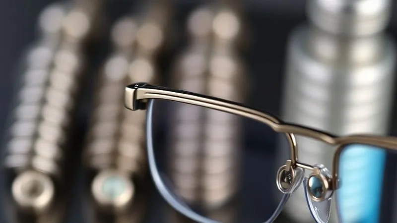 A photorealistic, professional photography, 8K, cinematic lighting, sharp focus, depth of field, shot on a high-end DSLR, showing a magnified view of a polished titanium eyewear frame, with a subtle, shimmering oxide layer visible on its surface, emphasizing its hypoallergenic quality. In the background, a blur of various titanium ingots or raw material forms are visible, signifying different grades.