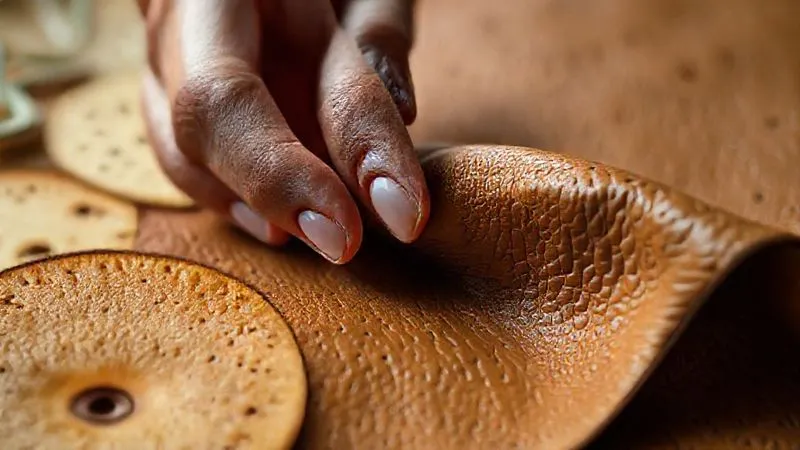 Photorealistic, professional photography, 8K, cinematic lighting, sharp focus, depth of field, shot on a high-end DSLR. A close-up of a designer's hand gently touching a swatch of mushroom leather, displaying its intricate texture and luxurious feel, with other innovative bio-based material samples (pineapple fiber, apple leather) in the background, subtly blurred. The scene emphasizes the tactile quality and aesthetic appeal of sustainable materials.
