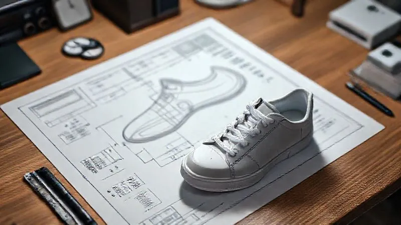 Photorealistic, professional photography, 8K, cinematic lighting, sharp focus, depth of field, shot on a high-end DSLR. A detailed blueprint of a shoe design, intricately showing different components and materials, with sustainability symbols subtly integrated into the design annotations. On the desk, a pair of elegant, minimalist sustainable sneakers are displayed, demonstrating how design and eco-consciousness merge seamlessly. The scene is well-lit, highlighting precision and thoughtful design.