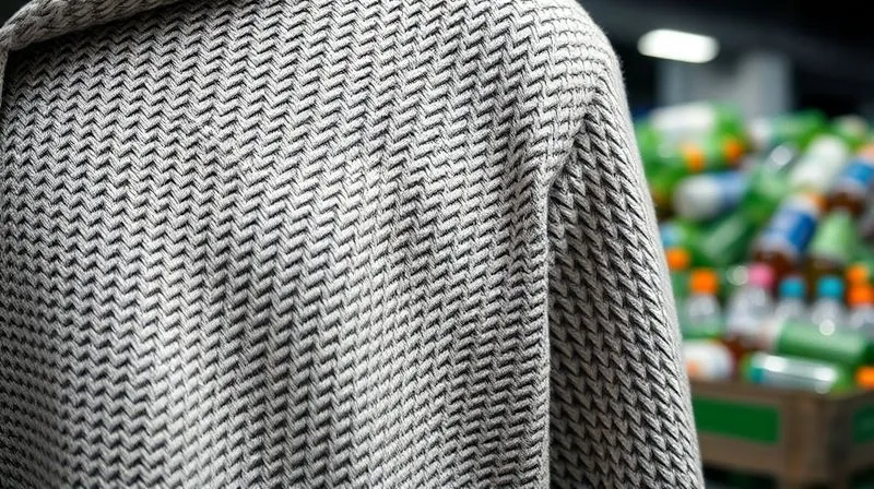 A photorealistic close-up of a luxurious, soft hoodie fabric made from recycled polyester, showing intricate weaves, with a blurred background of plastic bottles being sorted at a recycling facility, professional photography, 8K, cinematic lighting, sharp focus.