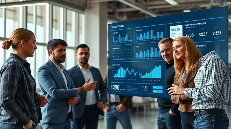 A photorealistic image of a diverse group of textile industry professionals, one pointing to a digital dashboard displaying supply chain metrics, in a modern, well-lit office, representing collaboration and transparency, professional photography, 8K, cinematic lighting, sharp focus, depth of field.