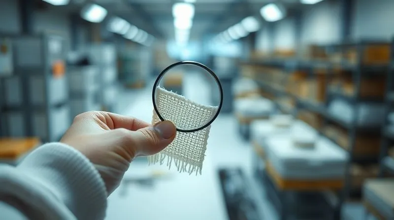 A photorealistic, professional photography, 8K, cinematic lighting, sharp focus, depth of field image of a hand holding a magnifying glass over a small swatch of organic cotton fabric, meticulously inspecting the weave and texture, with a blurred background of a quality control lab.