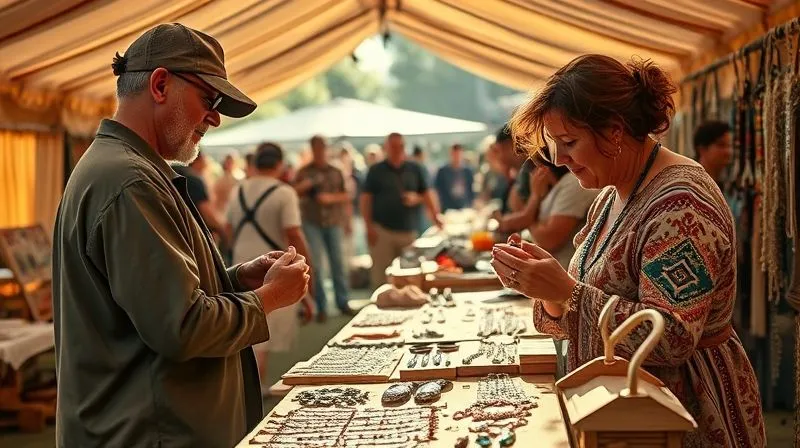 A photorealistic, professional photography, 8K, cinematic lighting, sharp focus, depth of field, shot on a high-end DSLR, capturing a vibrant, bustling artisan craft fair. Sunlight streams through an open-air tent, illuminating a diverse array of unique, handcrafted statement accessories displayed on wooden tables. A skilled artisan is seen engaging with a curious customer, demonstrating a delicate detail on a necklace, surrounded by colorful textiles and intricate metalwork. The atmosphere is warm, inviting, and full of discovery.
