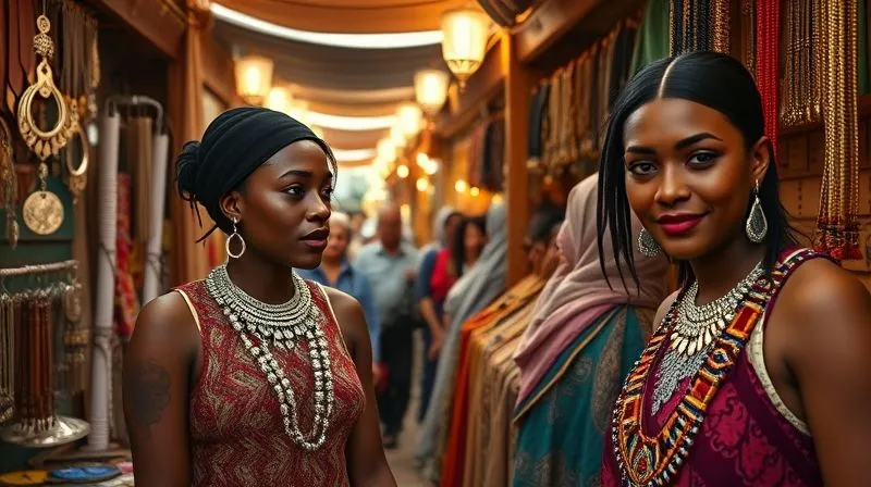 A photorealistic, professional photography, 8K, cinematic lighting, sharp focus, depth of field, shot on a high-end DSLR. A vibrant, bustling open-air market in an exotic location, possibly Marrakech or Istanbul. Stalls are overflowing with an eclectic mix of unique, handcrafted statement accessories: intricate silver jewelry, colorful beaded necklaces, leather goods with traditional patterns, and bold textile scarves. The scene is rich with textures and colors, with soft, warm light illuminating the intricate details of the pieces and the faces of diverse shoppers and vendors.