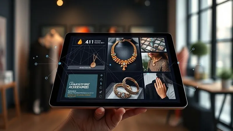 A photorealistic, professional photography, 8K, cinematic lighting, sharp focus, depth of field, shot on a high-end DSLR. A futuristic, sleek digital interface displayed on a transparent tablet screen, overlaying a blurred background of a fashion studio. The interface shows a sophisticated AI algorithm analyzing a mood board of unique statement accessories, with lines of code and data points connecting to images of various handcrafted necklaces, rings, and bracelets from around the world. Holographic projections of accessory details float around the screen, suggesting personalized recommendations. The overall feel is innovative and cutting-edge, blending technology with high fashion.