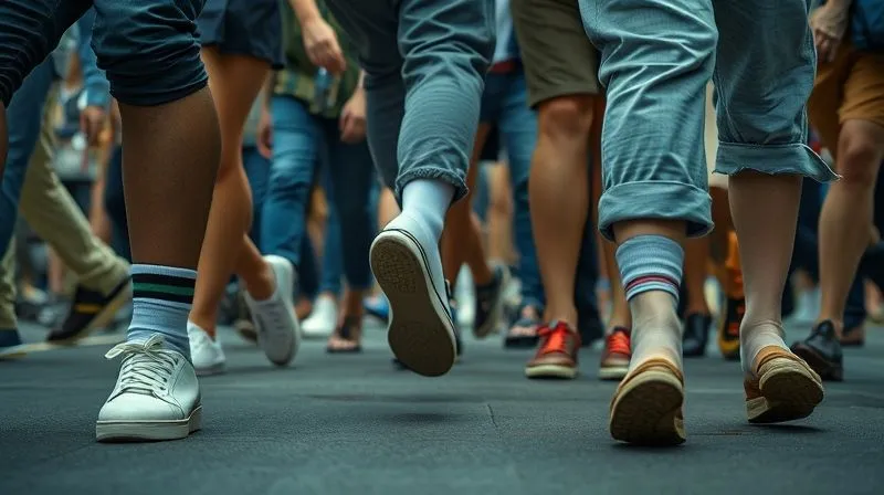 Photorealistic, professional photography, 8K, cinematic lighting, sharp focus, depth of field, shot on a high-end DSLR. A close-up of a diverse crowd's feet and lower legs on a bustling city sidewalk, showcasing a variety of footwear, socks, and pant hemlines. The focus is on subtle, unique details like an unusual shoe silhouette or a specific cuff, suggesting emerging micro-trends through repeated visual cues.