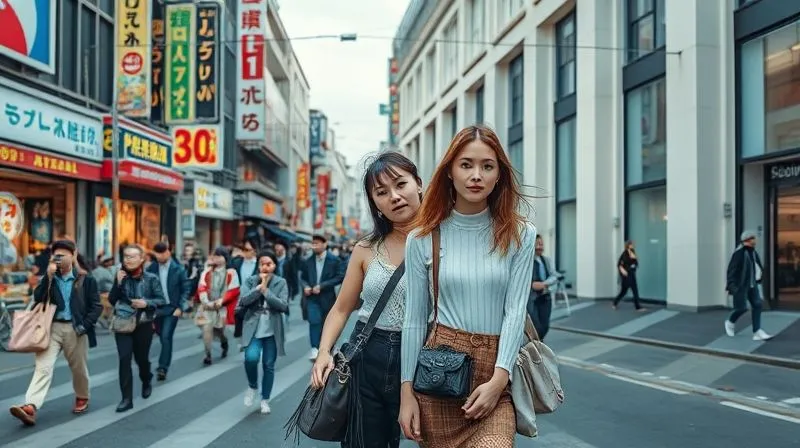 Photorealistic, professional photography, 8K, cinematic lighting, sharp focus, depth of field, shot on a high-end DSLR. A dynamic split image. On one side, a bustling street scene in Tokyo's Harajuku district with vibrant, avant-garde fashion. On the other side, a chic, minimalist street scene in Copenhagen. Both sides show individuals confidently expressing unique local styles, subtly hinting at a global dialogue of emerging fashion trends.