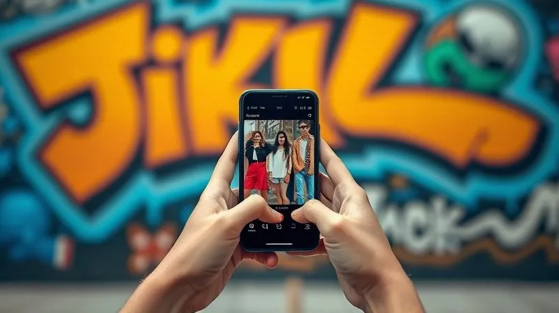 A photorealistic image of a person's hands holding a smartphone, with the screen displaying a TikTok feed featuring diverse, creative fashion looks. The background is blurred, showing a dynamic, colorful street art mural. Professional photography, 8K, cinematic lighting, sharp focus, depth of field.