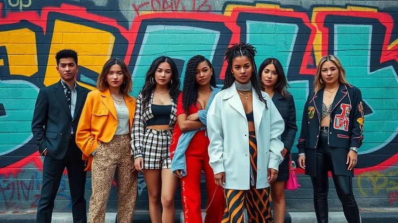A photorealistic, professional photography, 8K, cinematic lighting, sharp focus, depth of field, shot on a high-end DSLR, of a diverse group of stylish individuals showcasing unique, avant-garde street fashion against a vibrant, graffiti-covered urban wall in a global city like Tokyo or Seoul. The image should capture a sense of raw creativity and individuality.