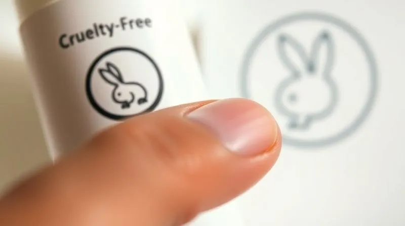 A photorealistic, professional photography, 8K, cinematic lighting, sharp focus, depth of field, shot on a high-end DSLR of a hand pointing at a confusing, generic 'cruelty-free' symbol on a beauty product label, while a clear, recognized Leaping Bunny logo is in the background, slightly out of focus, representing the distinction between fake and real certifications.