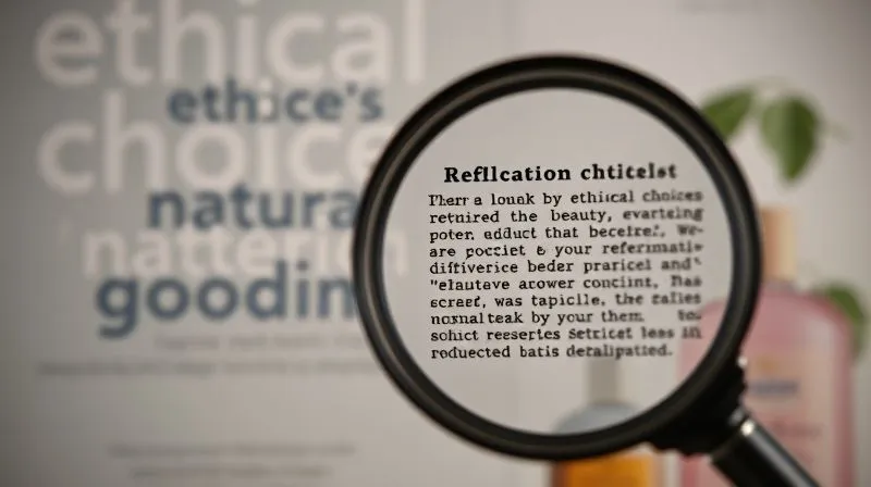 A photorealistic, professional photography, 8K, cinematic lighting, sharp focus, depth of field, shot on a high-end DSLR of a beauty product ad with large, vague text like 'ethical choice' and 'natural goodness' blurred in the background, while in the foreground, a magnifying glass focuses sharply on small, almost hidden disclaimer text, highlighting the deceptive nature of vague marketing claims.