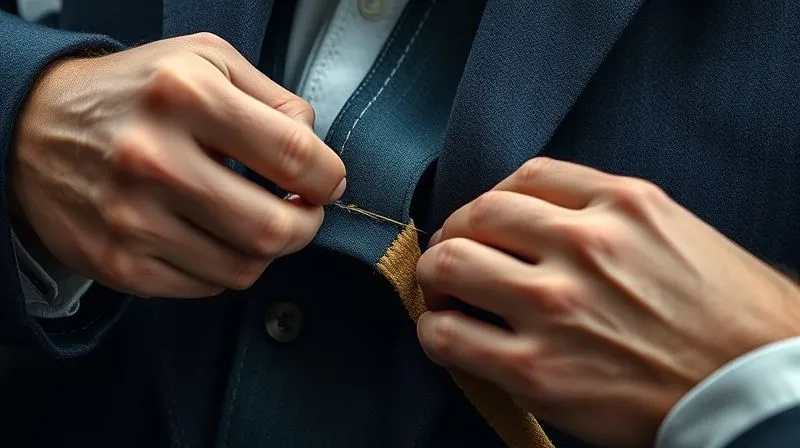 Photorealistic, professional photography of a master tailor meticulously hand-stitching a canvas interlining to the outer fabric of a bespoke jacket, the needle and thread in sharp focus. The internal structure of the jacket is partially visible, showcasing the layers of fabric and canvas. Cinematic lighting, 8K hyper-detailed, shot on a high-end DSLR, emphasizing the hands and the intricate work.