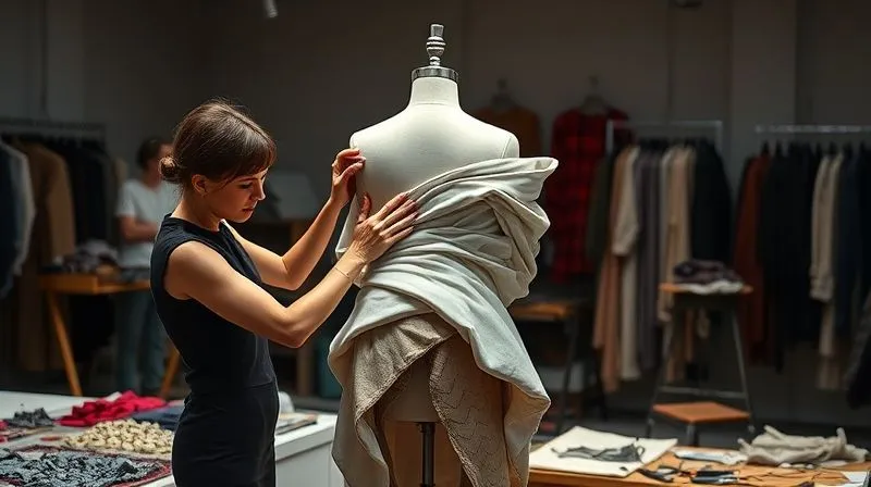 A haute couture atelier scene, photorealistic, professional photography, 8K, cinematic lighting, sharp focus, depth of field, shot on a high-end DSLR, showing a designer meticulously draping a complex, sculptural garment on a mannequin, with various tools and fabric swatches around. The focus is on the precision and artistry of the draping process.