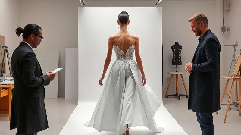 A haute couture garment undergoing a dynamic movement test on a runway model, with designers and technicians observing closely and taking notes. The background is a minimalist atelier, photorealistic, professional photography, 8K, cinematic lighting, sharp focus, depth of field, shot on a high-end DSLR.