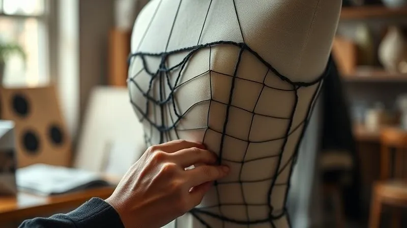 A close-up of a fashion designer's hands meticulously pinning a complex, gravity-defying fabric structure onto a custom-made mannequin, with subtle tension lines and internal framework visible through translucent fabric. Cinematic lighting, sharp focus on the hands and garment, depth of field blurring the background atelier. Photorealistic, professional photography, 8K hyper-detailed, shot on a high-end DSLR.