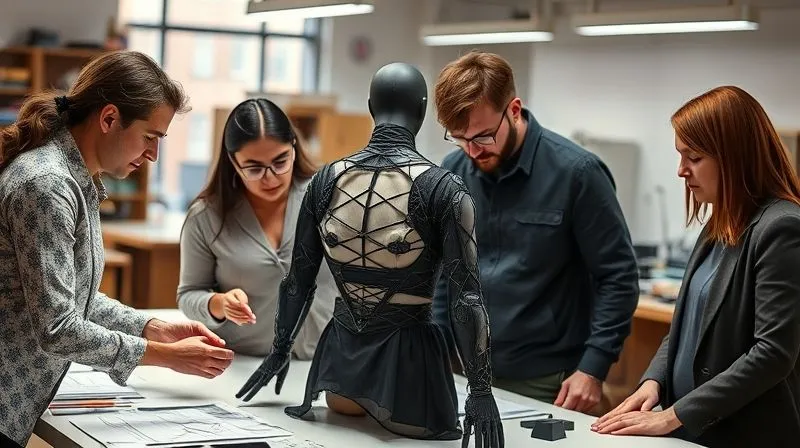 A diverse team of fashion designers, structural engineers, and material scientists collaborating intently around a large workbench. They are examining a complex, partially constructed avant-garde garment with exposed internal frameworks, surrounded by technical drawings, fabric swatches, and small 3D-printed prototypes. Cinematic lighting, sharp focus on their hands and the garment, depth of field blurring the background lab/atelier. Photorealistic, professional photography, 8K hyper-detailed, shot on a high-end DSLR.