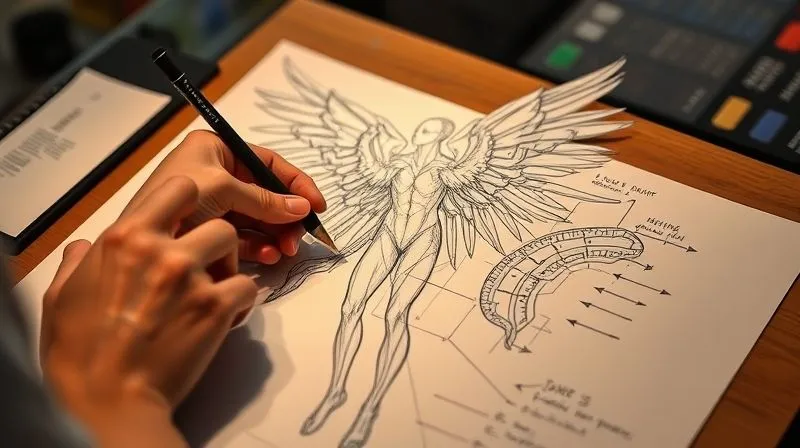 A photorealistic, professional photography, 8K, cinematic lighting, sharp focus, depth of field, shot on a high-end DSLR. An artist's hands meticulously sketching a complex wearable art design, overlaid with transparent anatomical lines indicating the performer's body and arrows demonstrating ideal weight distribution and balance points. The sketch shows an intricate, large piece, possibly wings or an elaborate headdress, with careful attention to how it will sit on the body, emphasizing the integration of form and function.