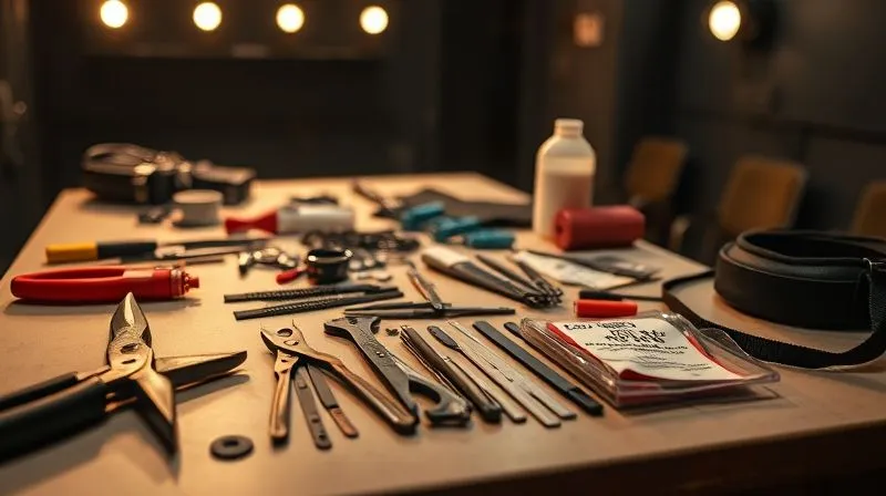 A photorealistic, professional photography, 8K, cinematic lighting, sharp focus, depth of field, shot on a high-end DSLR. A well-organized backstage repair kit for wearable art, featuring various tools like pliers, zip ties, strong adhesive, spare buckles, and fabric patches, laid out on a clean workbench. The background is dimly lit, suggesting a bustling theater environment, with the tools sharply in focus, ready for immediate use, conveying preparedness and efficiency.
