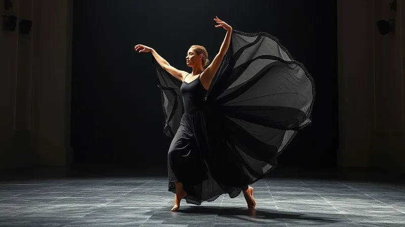 A photorealistic, professional photography, 8K, cinematic lighting, sharp focus, depth of field, shot on a high-end DSLR. A contemporary dancer in a large, elaborate wearable art costume, perhaps featuring flowing fabric and lightweight structural elements, captured in a dynamic, graceful pose on a stage. The costume appears perfectly integrated with their movement, showing no signs of strain or instability, conveying comfort and fluidity. The lighting highlights the seamless interaction between performer and art, emphasizing the ergonomic design.