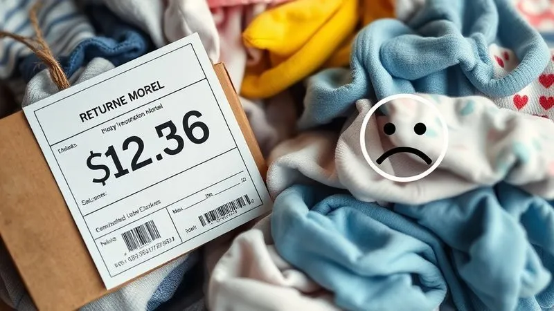 A photorealistic image showing a pile of returned baby clothes next to a shipping label, with a calculator and a sad face icon overlaid, conveying the financial and environmental burden of returns. Cinematic lighting, sharp focus on the clothes, 8K hyper-detailed.