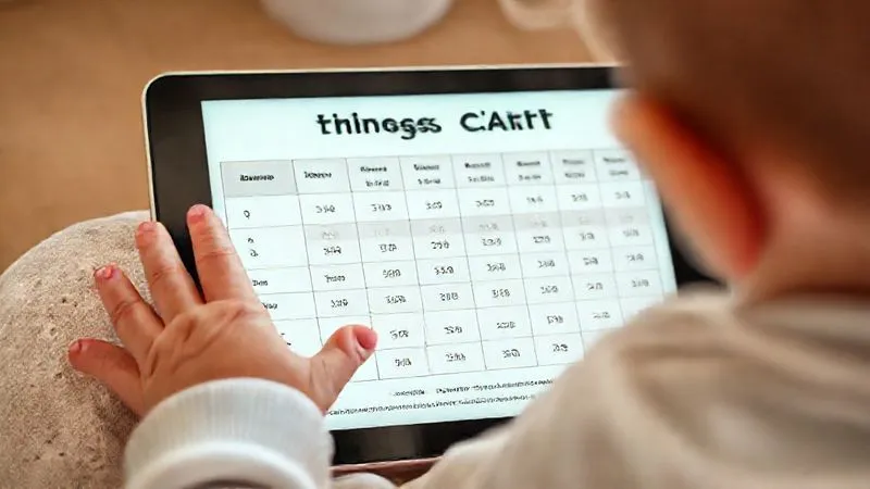 A photorealistic image of a detailed baby clothing sizing chart displayed on a tablet, with a baby's hand playfully reaching towards it. The chart shows clear measurements and age ranges, surrounded by soft, natural light, conveying clarity and ease of use. 8K, sharp focus.