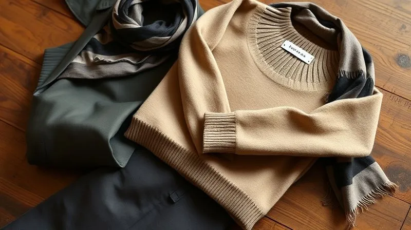 photorealistic, professional photography, 8K, cinematic lighting, sharp focus, depth of field, shot on a high-end DSLR. A high-quality, perfectly draped cashmere sweater in a neutral tone, artfully folded on a wooden surface next to a pair of tailored trousers and a silk scarf. The lighting highlights the luxurious texture and versatility of the garments, suggesting they can be styled for various ages and occasions.