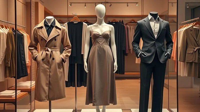 photorealistic, professional photography, 8K, cinematic lighting, sharp focus, depth of field, shot on a high-end DSLR. A beautifully arranged fashion boutique display featuring three mannequins of varying heights and body types. One mannequin wears a classic trench coat over a casual outfit, another a sophisticated midi dress, and a third a tailored blazer with versatile trousers. The display is cohesive, elegant, and subtly suggests that all outfits are suitable for diverse ages and styles, with soft, inviting lighting.