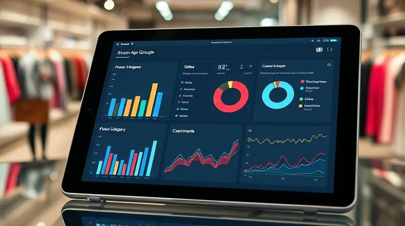 photorealistic, professional photography, 8K, cinematic lighting, sharp focus, depth of field, shot on a high-end DSLR. A stylized, modern retail dashboard displayed on a sleek tablet, showing various data visualizations like bar charts for sales across age groups, pie charts for product category performance, and line graphs for customer feedback trends. The screen is clean and intuitive, with a blurred background of a bustling fashion store, emphasizing the integration of data into retail operations.