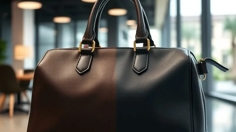 A photorealistic close-up of a meticulously crafted, structured dark brown leather handbag with subtle gold hardware, showcasing pristine stitching and luxurious texture, juxtaposed against a blurred background of a modern office. On the other side, a contrasting image of a synthetic, poorly constructed handbag with visible glue seams and cheap plastic details, highlighting the stark difference in quality. Professional photography, 8K, cinematic lighting, sharp focus, depth of field, shot on a high-end DSLR.