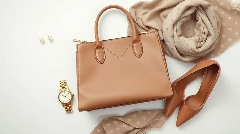 A photorealistic flat lay arrangement of sophisticated women's professional accessories in a cohesive neutral palette. Elements include a structured taupe leather handbag, a classic gold watch, delicate pearl stud earrings, a silk scarf with a subtle pattern in complementary tones, and a pair of polished nude leather pumps. All items are pristine, with sharp focus and cinematic lighting, showcasing their texture and quality. Professional photography, 8K, cinematic lighting, sharp focus, depth of field, shot on a high-end DSLR.