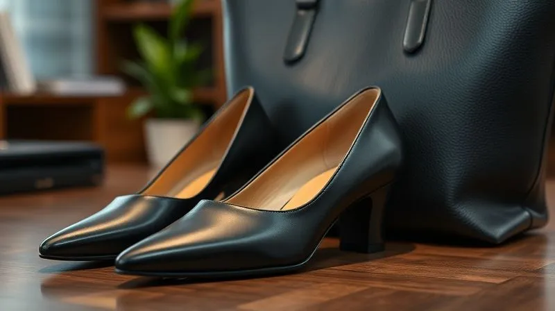 A photorealistic image showcasing a pair of impeccably polished, classic black leather pointed-toe pumps positioned next to a structured, high-quality black leather tote bag. Both items exhibit fine craftsmanship, subtle sheen, and timeless design. The background is a softly blurred, elegant office setting. Professional photography, 8K, cinematic lighting, sharp focus, depth of field, shot on a high-end DSLR.