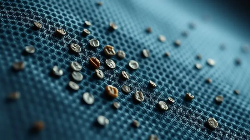 A close-up, photorealistic image of a technical activewear fabric swatch showing visible residue clogging the fibers, under harsh analytical light. Professional photography, 8K, cinematic lighting, sharp focus on the clogged fibers, depth of field blurring the background, shot on a high-end DSLR.