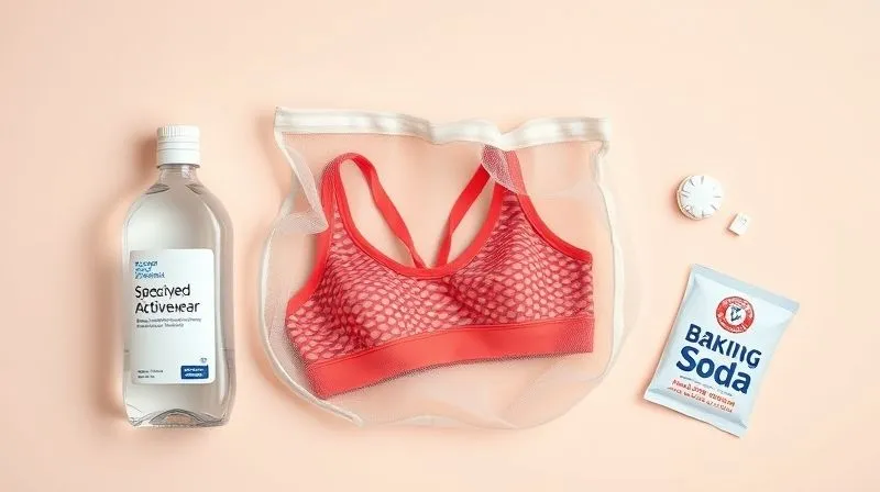 A flat lay, photorealistic image showcasing various activewear laundry products: a bottle of specialized activewear detergent, a mesh laundry bag with a sports bra inside, and a small bag of baking soda, all neatly arranged on a clean, light-colored surface. Professional photography, 8K, cinematic lighting, sharp focus on the products, depth of field blurring the background, shot on a high-end DSLR.