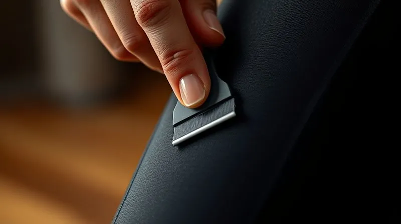 A close-up, photorealistic image of a person's hand using a fabric shaver to gently remove pills from a black activewear legging, demonstrating careful garment maintenance. Professional photography, 8K, cinematic lighting, sharp focus on the shaver and fabric, depth of field blurring the background, shot on a high-end DSLR.
