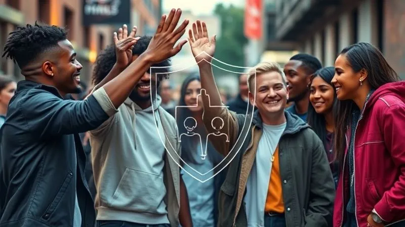photorealistic, professional photography, 8K, cinematic lighting, sharp focus, depth of field, shot on a high-end DSLR, a diverse group of stylish young people in streetwear, smiling and high-fiving, with a subtle digital shield overlaying them, symbolizing community protection and loyalty. The background is a vibrant, urban setting.
