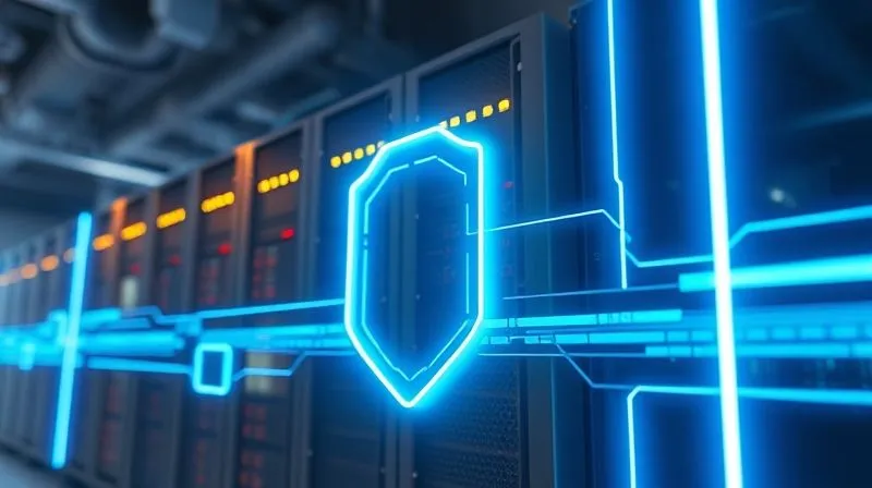 A photorealistic depiction of a robust digital firewall, glowing blue lines forming a protective shield around a server rack, cinematic lighting, 8K, hyper-detailed.