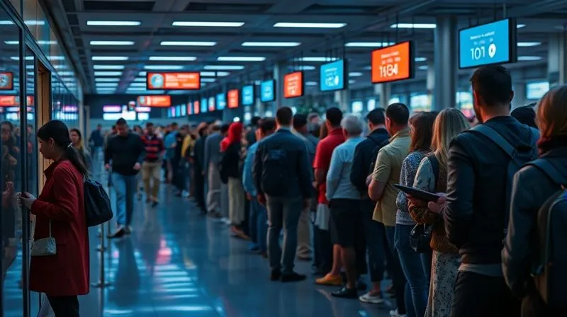 A photorealistic image of a stylized digital queue, glowing lines of people patiently waiting, with a few shadowy bot figures attempting to cut the line, cinematic lighting, 8K, sharp focus on the queue.