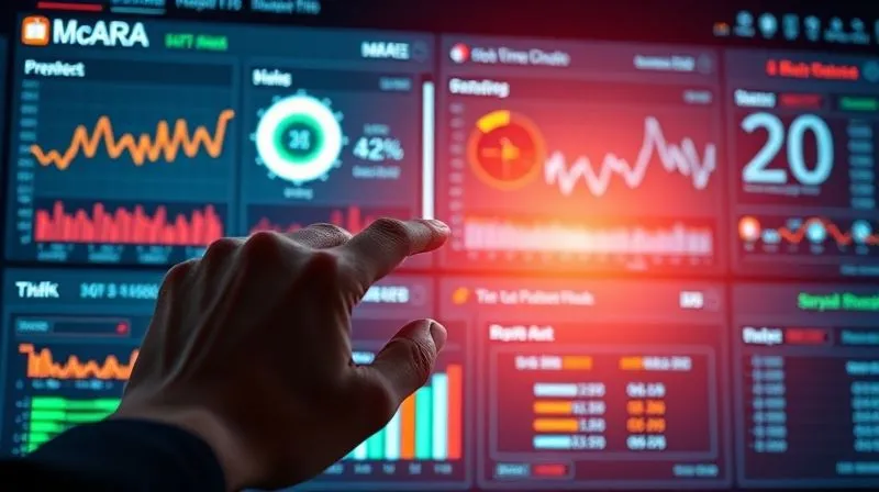 A photorealistic image of a complex data dashboard displaying real-time website traffic, bot attack attempts, and successful blocks, with a human hand pointing at a key metric, cinematic lighting, 8K, sharp focus on the screen.